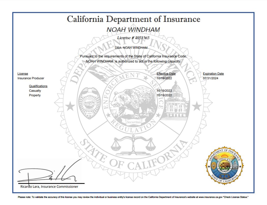 Noah Windham California Property & Casualty Insurance License