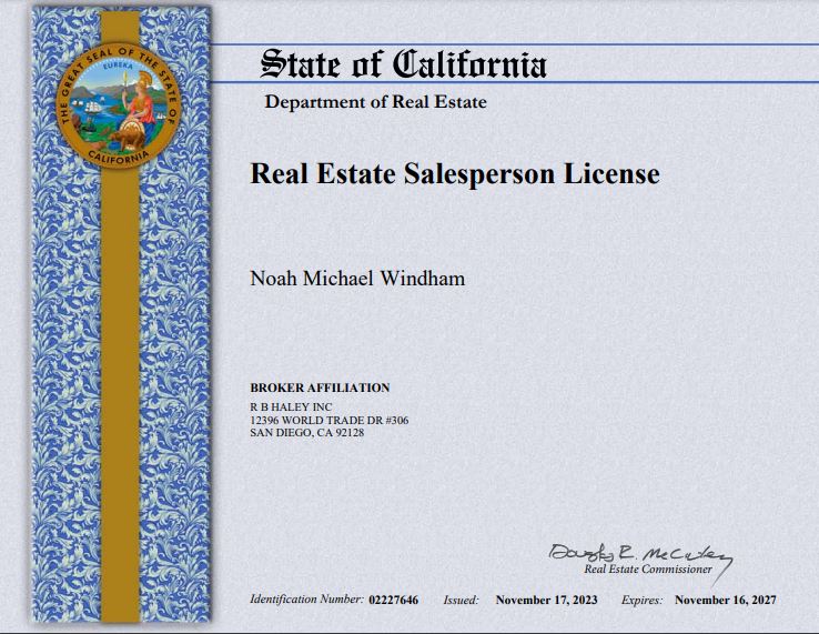 Noah M. Windham, California Department of Real Estate, Sales Agent License.